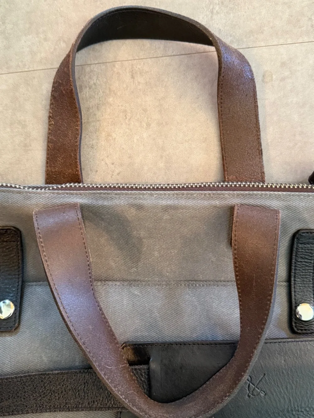 Ernest Alexander Varick gray twill canvas briefcase, dark brown leather